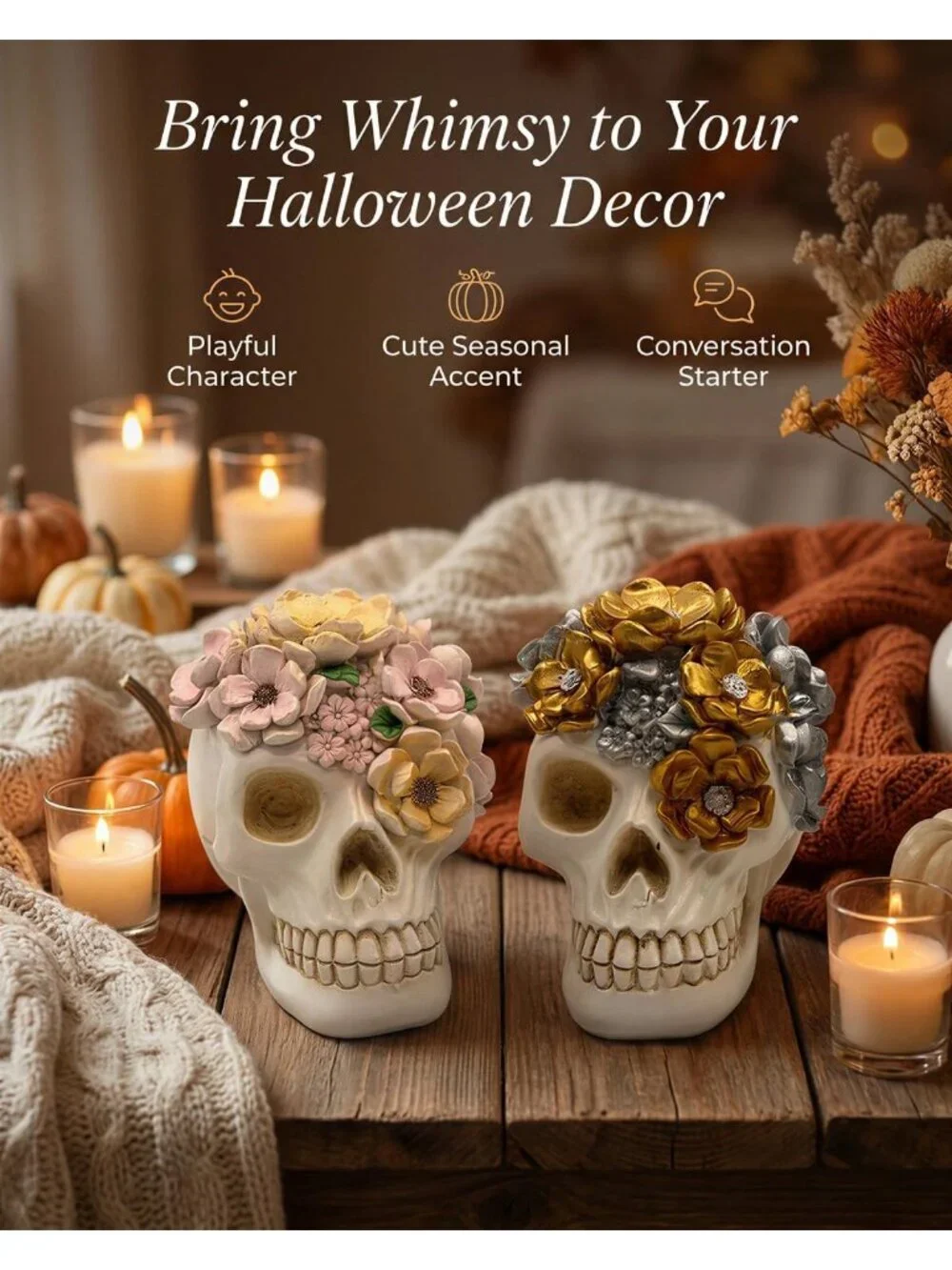 White Cream 2 Gothic Floral Skull Figurines Pastel Resin Halloween Day of Dead